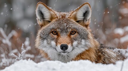 Obraz premium A coyote rests in the snow-covered landscape during a gentle snowfall in winter, showcasing its striking fur and keen gaze