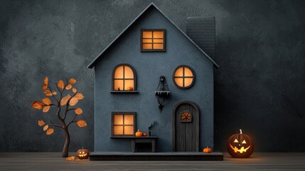 Haunted house with glowing windows, pumpkins, and autumn leaves, on dark background