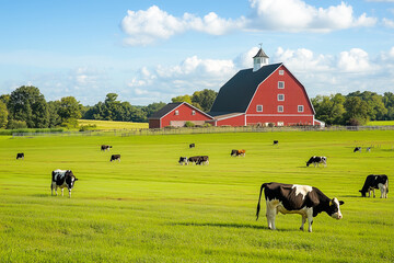 A peaceful rural scene showcasing a red barn and cows grazing in a lush green pasture
