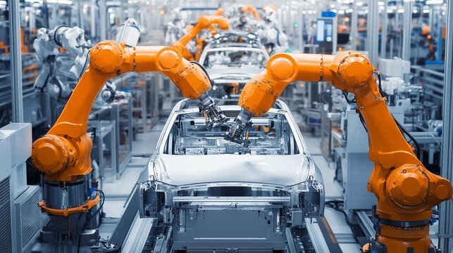 Robotic arms assembling vehicles in a modern automotive manufacturing plant during daylight hours