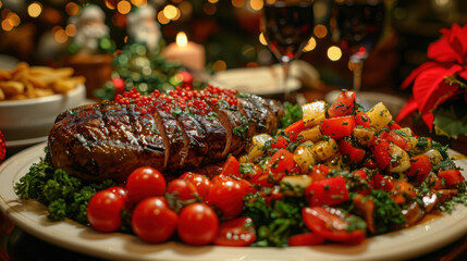 A photo of a Christmas dinner being served, warm Christmas lights, taken with a Canon R6 50mm lens. --chaos 10 --ar 16:9 --stylize 700 --v 6 Job ID: 844fa65e-9a8e-46d8-bd28-cc354054b1b7