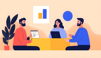 A team of consultants in a vibrant, modern workspace, reviewing market research data on tablets and digital screens