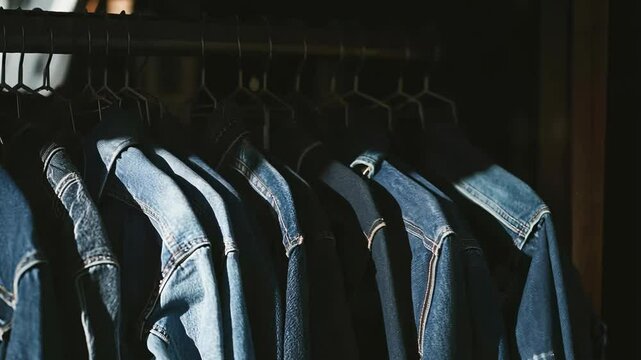 Denim jackets on hangers in a dimly lit wardrobe focusing on fashion and clothing details, 4k footage