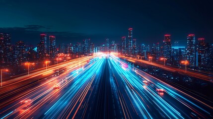 A cityscape at night becomes a blur of lights and motion, long exposure capturing urban life on the highway.