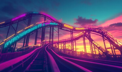 Obraz premium Neon-Lit Roller Coaster Track Against a Colorful Sunset Sky, AI generated illustration