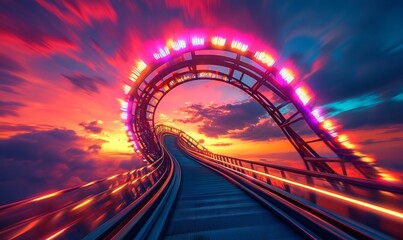Obraz premium Neon-Lit Roller Coaster Track Against a Colorful Sunset Sky, AI generated illustration
