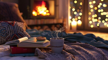Obraz premium A cozy bedroom scene with coffee books and soft morning glow on bonfire background