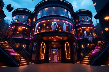 A spooky Halloween haunted hotel, with flickering lights in the windows, eerie decorations, and ghostly figures moving inside the building