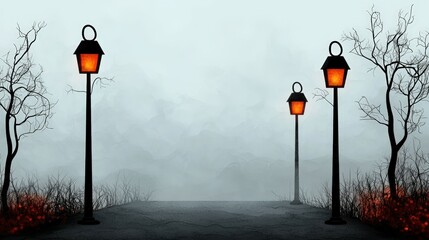 Mysterious foggy road with glowing lanterns and eerie trees.