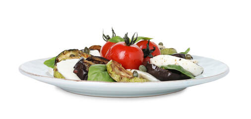 Tasty salad with grilled vegetables and mozzarella cheese isolated on white