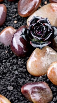 rose noir et cailloux beige format vertical