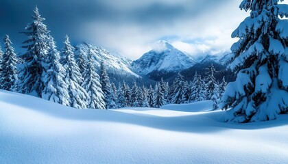 Heavy snowfall blanketing a mountain landscape, winter weather, cold and serene