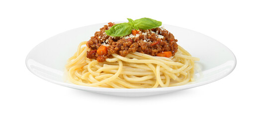 Plate with tasty pasta bolognese isolated on white