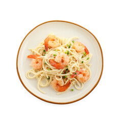 Delicious pasta with shrimps and green onions isolated on white, top view