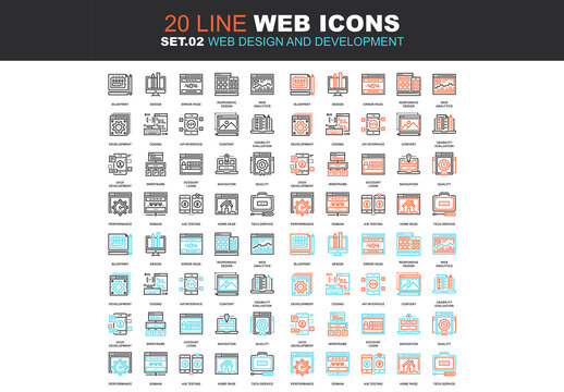Vector set of web design and development line web icons. Each icon with adjustable strokes neatly designed on pixel perfect 64X64 size grid. Fully editable and easy to use.