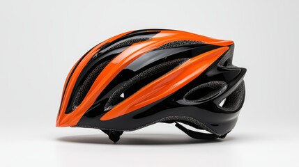 Fototapeta premium Orange and black cycling helmet on white isolated background.