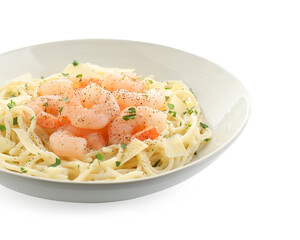 Delicious pasta with shrimps and cheese isolated on white