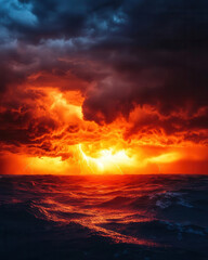 Sun setting behind a line of thunderstorms on the horizon, dramatic weather, contrast of light and dark