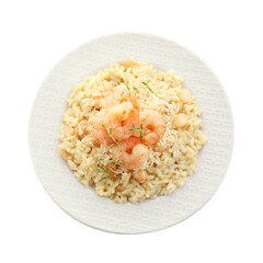 Delicious risotto with shrimps and cheese isolated on white, top view