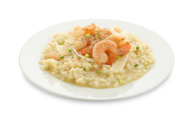 Delicious risotto with shrimps and cheese isolated on white