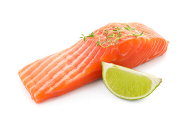 Piece of fresh salmon, thyme and lime isolated on white