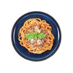 Delicious pasta bolognese with basil isolated on white, top view