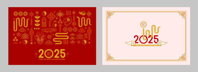 Set of vector banners, posters, cards with line art illustration of the Snake Zodiac sign, Symbol of 2025 in Chinese Lunar calendar. Line art China design. Chinese snake illustration. Translate: Snake