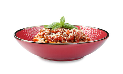 Delicious pasta bolognese with basil isolated on white