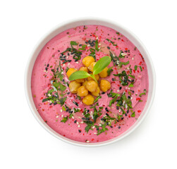 Tasty beetroot hummus and chickpeas in bowl isolated on white, top view