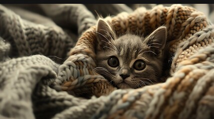 Fototapeta premium A cute plush cat nestled in cozy knitted blanket soft natural light highlighting its features