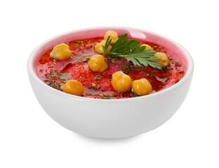 Tasty beetroot hummus and chickpeas in bowl isolated on white