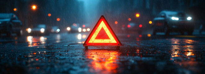 Close-up of an emergency triangle sign on the road at night in heavy rain, with reflections and blurred lights in the background. High-resolution photography, insanely detailed.