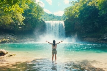 A peaceful waterfall in the middle of a lush forest