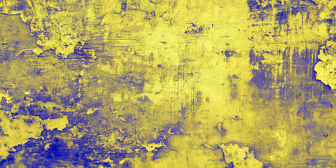 A vibrant mix of yellow and blue creates an abstract, distressed look on a rough surface. Various shades and patches blend together, providing a textural appearance that captures attention. AI generat