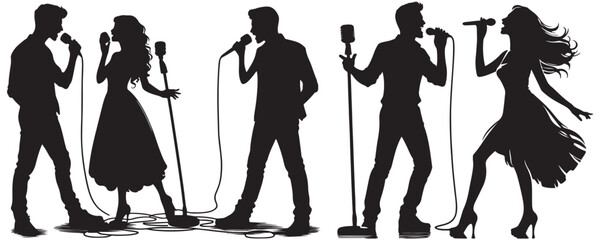 Man and woman singer silhouette, male female singing on mic vector illustration black and white art design