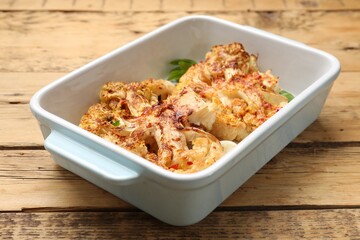 Tasty cauliflower steaks in baking dish and spices on wooden table, closeup