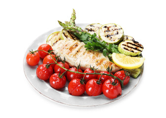 Delicious grilled vegetables and chicken breast isolated on white