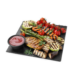 Delicious grilled vegetables and chicken breast with sauce isolated on white