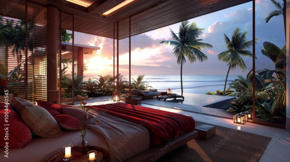 Poster a bedroom with a view of the ocean and palm trees