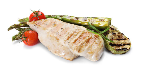 Delicious grilled vegetables and chicken breast isolated on white