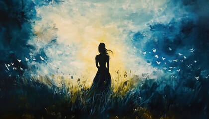 Obraz premium Alone Woman In Nature: Exploring Themes Of Freedom, Hope, Emotion, Loneliness, And Happiness In A Dreamlike Painting Illustration