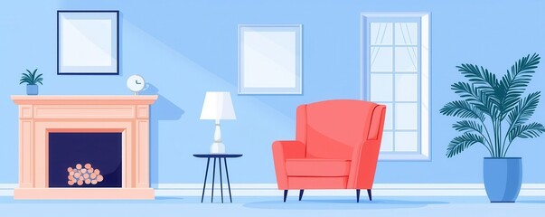 Modern interior with a cozy chair, fireplace, and vibrant decor.