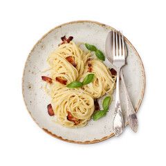 Delicious pasta with bacon and basil isolated on white, top view