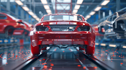 Car bodies are on assembly line. Factory for production of cars