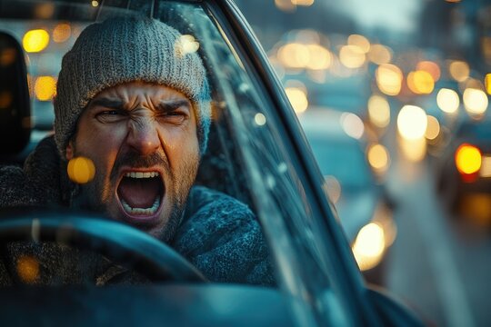 An aggressive driver shouting through a car window, with a blurred background of heavy traffic and other drivers looking frustrated