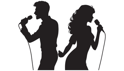 Man and woman singer silhouette, male female singing on mic vector illustration black and white art design