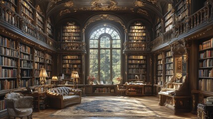 Fototapeta premium Explore a grand library featuring intricate details, towering bookshelves, and elegant furnishings. This inviting space offers a perfect blend of comfort and sophistication.
