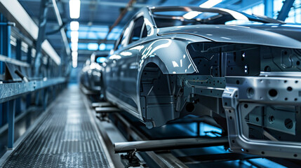 Car bodies are on assembly line. Factory for production of cars