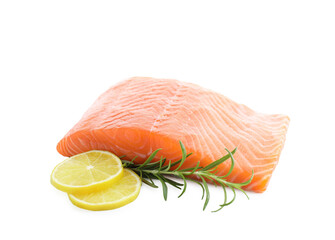 Piece of fresh salmon, lime and rosemary isolated on white