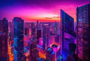 Obraz premium stunning vibrant city skyline dusk hued glowing lights colorful canopy radiance urban aesthetics, twilight, horizon, architecture, buildings, night